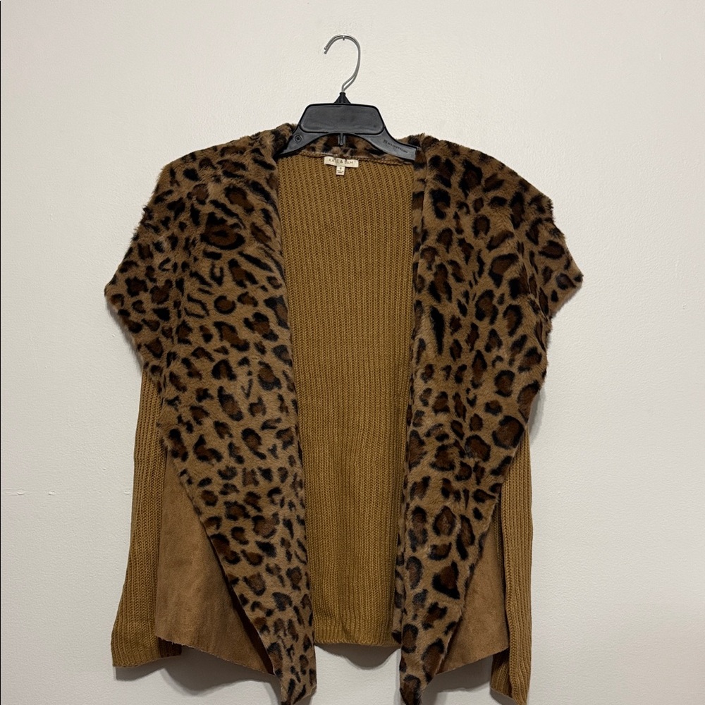 Kate & Sam leopard print open-front cardigan faux fur suede ribbed knit Cardigan